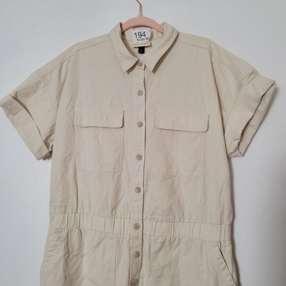 Universal Thread Womens Beige Button-Front Jumpsuit Size 16 Short Sleeve Cotton - Picture 3 of 8